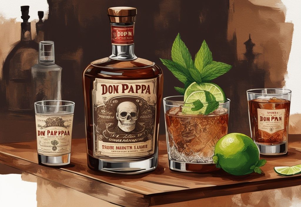 Moderne Malerei-Illustration mit braunem Farbschema: Don Papa Rum Test, Flasche auf einem Tisch mit Gläsern, Cocktailshaker, frischen Zutaten wie Limette und Minze, bereit für eine Verkostungssession.