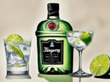 Nahaufnahme eines modernen Gemäldes mit brauner Farbgebung, einer Flasche Tanqueray Gin, einem Glas Gin Tonic, einer Limettenscheibe und einer Punktetafel mit Testergebnissen; Tanqueray Gin Test.