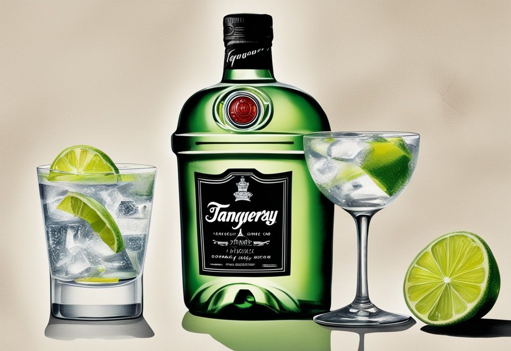 Nahaufnahme eines modernen Gemäldes mit brauner Farbgebung, einer Flasche Tanqueray Gin, einem Glas Gin Tonic, einer Limettenscheibe und einer Punktetafel mit Testergebnissen; Tanqueray Gin Test.