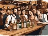 Moderne Malerei-Illustration einer lebhaften Szene in einer rustikalen Bar in München, mit Ginflaschen und einer Gruppe von Menschen bei einer Gin Tasting in München. Hauptfarbthema: Braun.