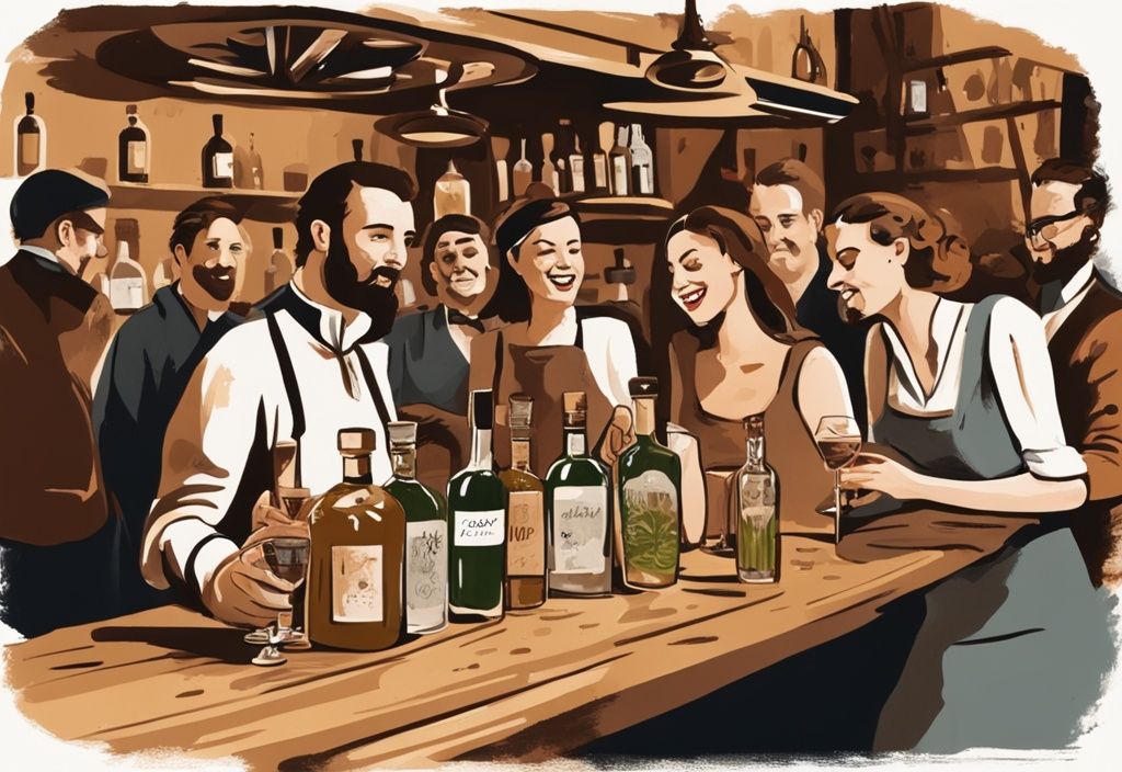 Moderne Malerei-Illustration einer lebhaften Szene in einer rustikalen Bar in München, mit Ginflaschen und einer Gruppe von Menschen bei einer Gin Tasting in München. Hauptfarbthema: Braun.