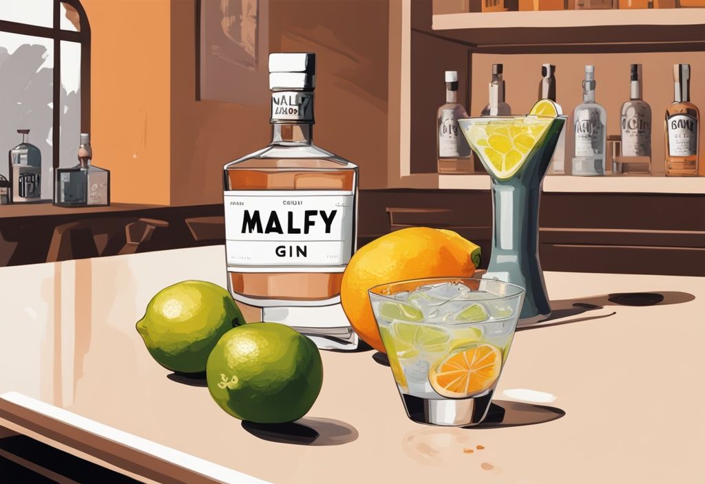 Moderne Malerei mit braunem Farbschema, Malfy Gin Flasche auf elegantem Tresen, umgeben von frischen Zitrusfrüchten, Glas mit Gin Tonic und Bewertungsbogen des Malfy Gin Tests.