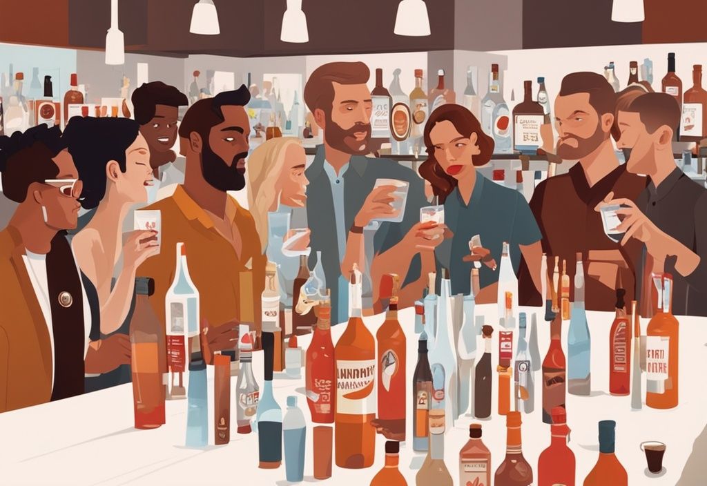 Moderne Illustration mit braunem Farbthema zeigt verschiedene Smirnoff Vodka Flaschen auf einer eleganten Bartheke, während im Hintergrund eine diverse Gruppe auf den Smirnoff Vodka Geschmackstest wartet.