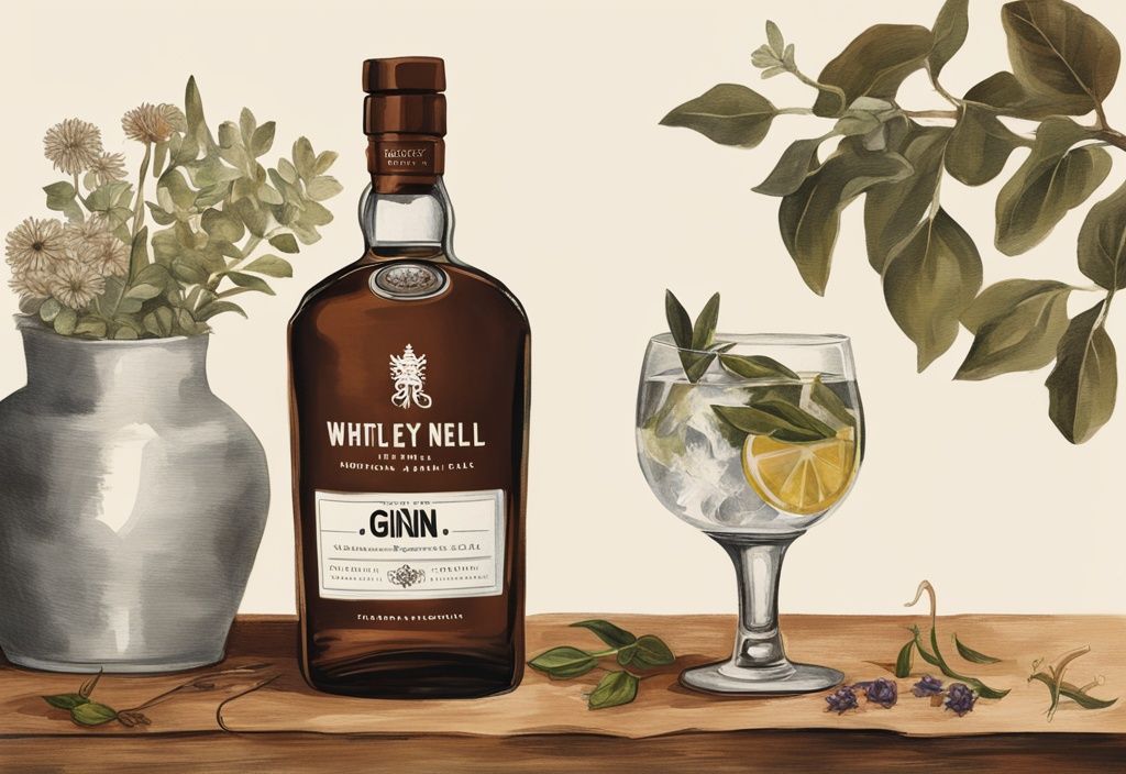 Moderne Malerei mit brauner Farbthematik, Whitley Neill Gin Flasche auf rustikalem Tisch, umgeben von frischen Botanicals, Verkostungsglas mit Gin daneben.