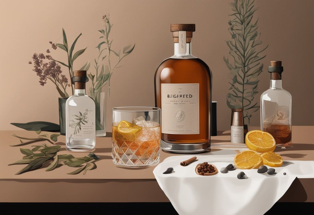 Moderne Illustration eines Siegfried Dry Gin Flasche auf einem Tisch, umgeben von Botanicals und einem Verkostungsglas mit Gin, mit brauner Farbgebung.