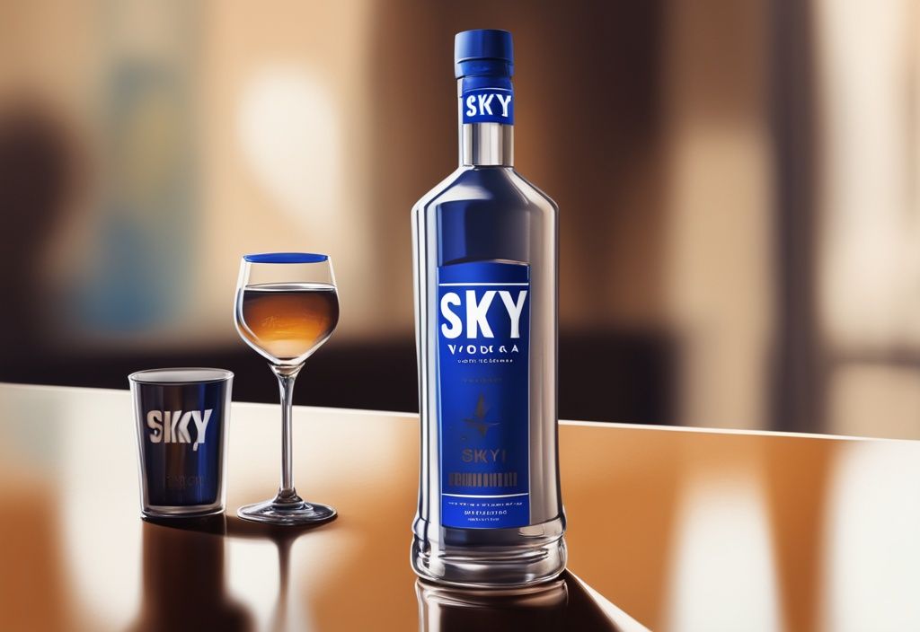 Nahaufnahme einer Skyy Vodka Flasche mit halbvollem Glas, moderner Malerei im Hintergrund, braune Farbtöne, verschwommene Rezension im Hintergrund.