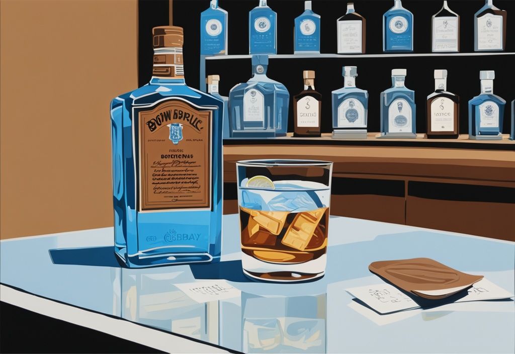 Moderne Malerei mit braunem Farbschema zeigt ein klares Glas Bombay Sapphire Gin auf einer eleganten Bartheke, im Hintergrund die ikonische blaue Flasche und eine Bewertungskarte für einen Geschmackstest.