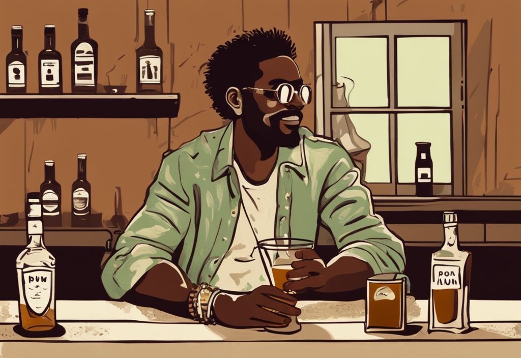 Moderne Malerei-Illustration: Person sitzt an einer rustikalen Bar mit einem Glas Rum, einer offenen Rumflasche, einer Schale mit Eiswürfeln und einer Limettenscheibe auf der Theke, Thema "wie trinkt man Rum", Hauptfarbe Braun.