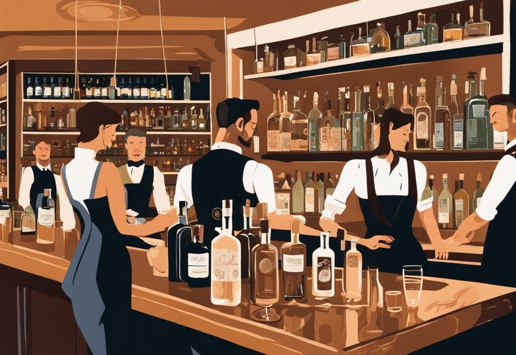 Moderne Malerei-Illustration einer lebhaften Szene in einer eleganten Gin-Bar in Düsseldorf, mit brauner Farbthematik, Ginflaschen, einem Barkeeper, der ein Gin Tasting Flight einschenkt, und Kunden im Gespräch; Keyword: Gin Tasting in Düsseldorf.