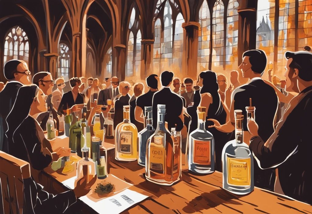 Moderne Malerei-Illustration eines Gin Tasting in Köln, mit braunem Farbschema, Ginflaschen auf rustikalem Holztisch, Menschen stoßen an und dem Kölner Dom im Hintergrund.