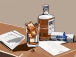 Moderne Malerei-Illustration in Brauntönen: Ein Glas gefüllt mit Absolut Vodka neben einer geöffneten Flasche der gleichen Marke, mit einem Scorecard und einem Stift auf einer eleganten Bartheke, ideal für einen Absolut Vodka Test.