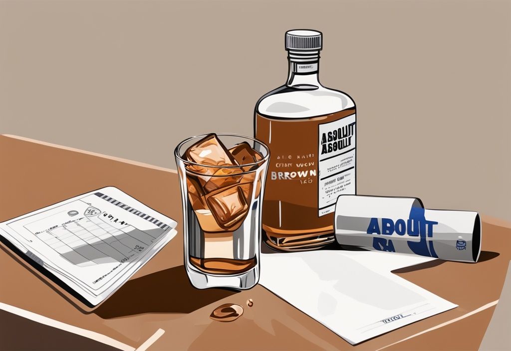 Moderne Malerei-Illustration in Brauntönen: Ein Glas gefüllt mit Absolut Vodka neben einer geöffneten Flasche der gleichen Marke, mit einem Scorecard und einem Stift auf einer eleganten Bartheke, ideal für einen Absolut Vodka Test.