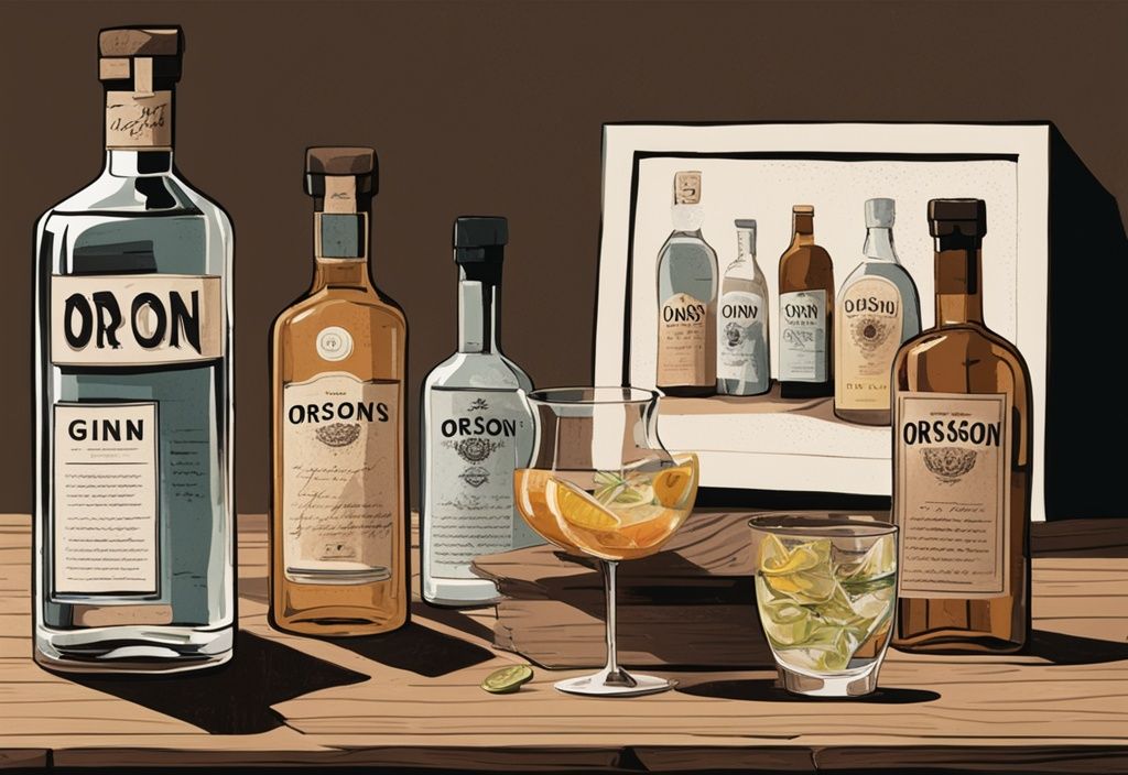 Moderne Malerei-Illustration mit braunem Farbschema, verschiedene Gin-Flaschen mit dem Etikett "Orsons" auf einem Holztisch, ein Verkostungsglas mit Gin und eine Bewertungskarte daneben.