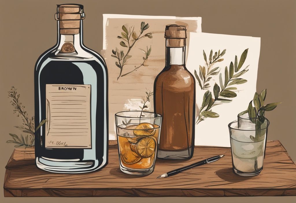 Moderne Malerei-Illustration mit braunem Farbschema, rustikaler Holztisch mit einer Flasche Wild Burrow Gin, zwei gefüllten Gläsern, botanischen Garnierungen und einem Notizblock mit Stift für den Gin-Test.