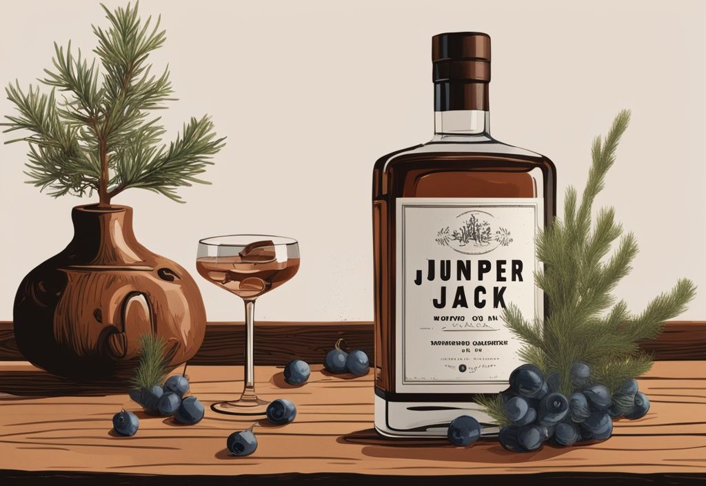 Moderne Illustration eines Gemäldes mit braunem Farbschema zeigt eine Flasche Juniper Jack Gin auf einem Holztisch, umgeben von frischen Wacholderbeeren und einem halb gefüllten Verkostungsglas; ideal für Juniper Jack Gin Test.