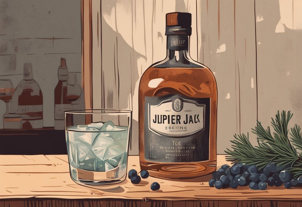 Moderne Malerei mit braunem Farbschema, zeigt eine Flasche Juniper Jack Gin auf rustikalem Holztisch umgeben von frischen Wacholderbeeren, einem Glas Gin Tonic und einer Hand, die Gin einschenkt.