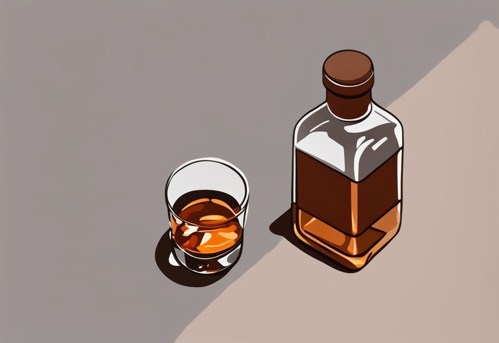 Modernes Gemälde mit braunem Farbschema, Ibuprofen und Alkohol in Form einer Whiskeyflasche und eines Pillenbehälters auf reflektierender Oberfläche.