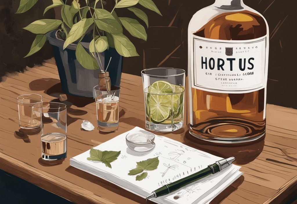 Moderne Malerei-Illustration mit braunem Farbschema: Ein klares Glas Hortus Gin auf einem rustikalen Holztisch, umgeben von Botanicals aus der Destillation, mit einer Punkteliste und Stift, die auf einen Hortus Gin Test hinweisen.