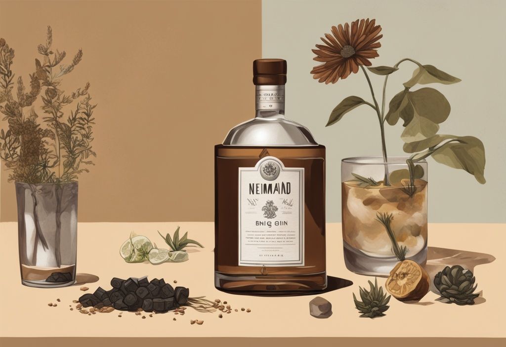 Modernes Gemälde mit brauner Farbgebung zeigt eine elegante Flasche Niemand Gin auf einem Tisch, umgeben von Botanicals, mit einem Tasting-Glas daneben - Niemand Gin Test.