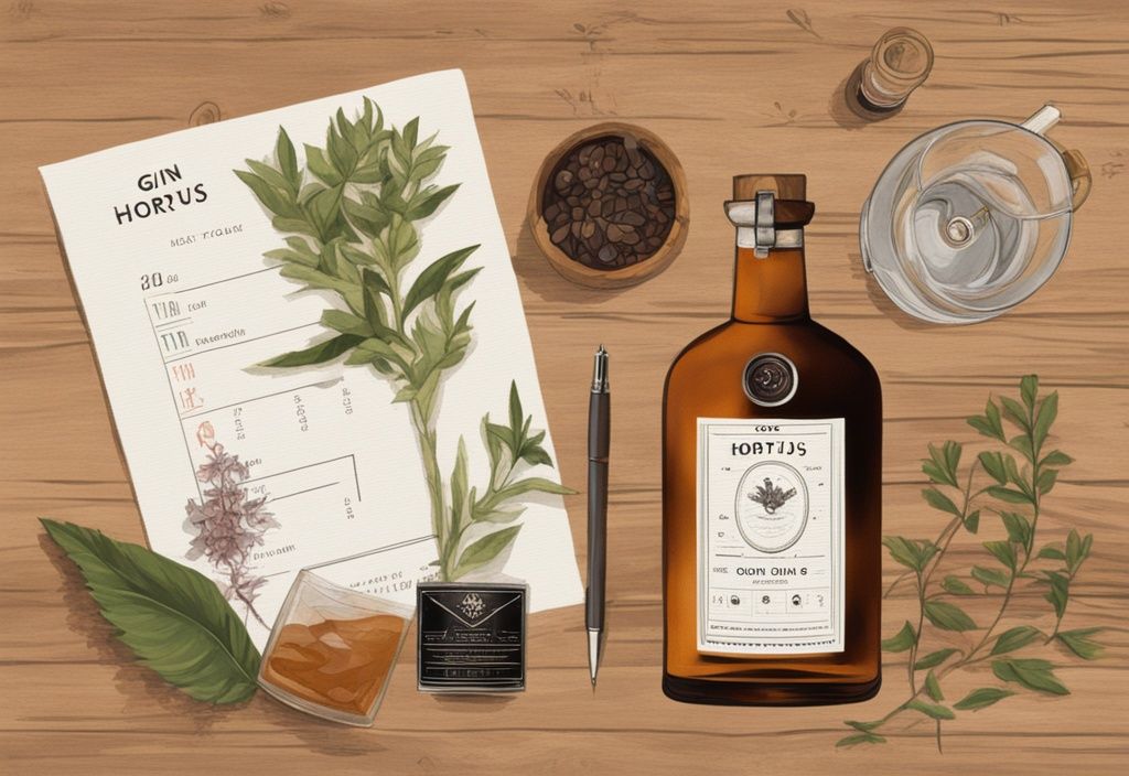 Moderne Malerei mit braunem Farbschema, ein klares Glas Hortus Gin auf einem rustikalen Holztisch, umgeben von Botanicals der Destillation, mit einer Punktetafel und Stift für einen Hortus Gin Test.