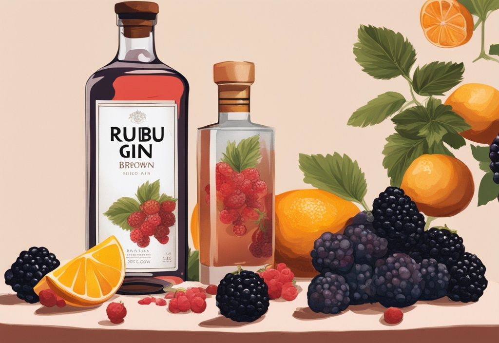 Moderne Illustration mit braunem Farbschema, zeigt eine elegante Flasche Rubus Gin auf einem Tisch, umgeben von frischen Zutaten wie Beeren und Zitrusfrüchten, mit einem Verkostungsglas Gin daneben; Rubus Gin Test.