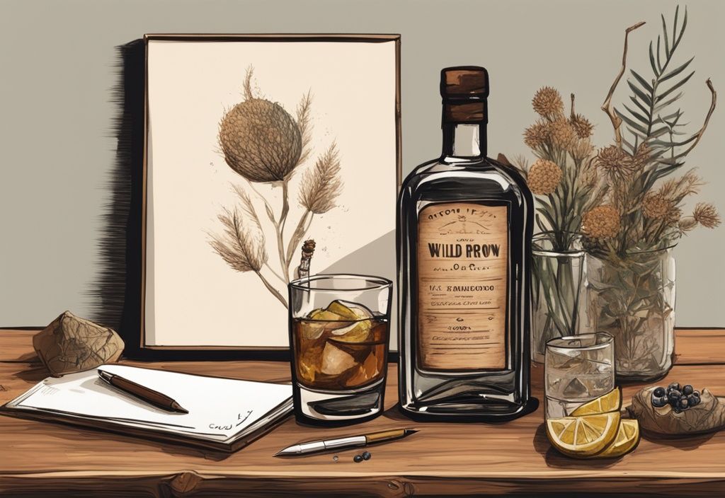 Moderne Malerei mit braunem Farbschema, rustikaler Holztisch mit Wild Burrow Gin Flasche, zwei gefüllten Gläsern, botanischen Garnierungen und Notizblock mit Stift für Gin-Test.