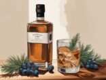 Moderne Malerei mit braunem Farbschema zeigt eine Flasche Juniper Jack Gin auf einem Holztisch, umgeben von frischen Wacholderbeeren und einem halb gefüllten Verkostungsglas, ideal für den Juniper Jack Gin Test.