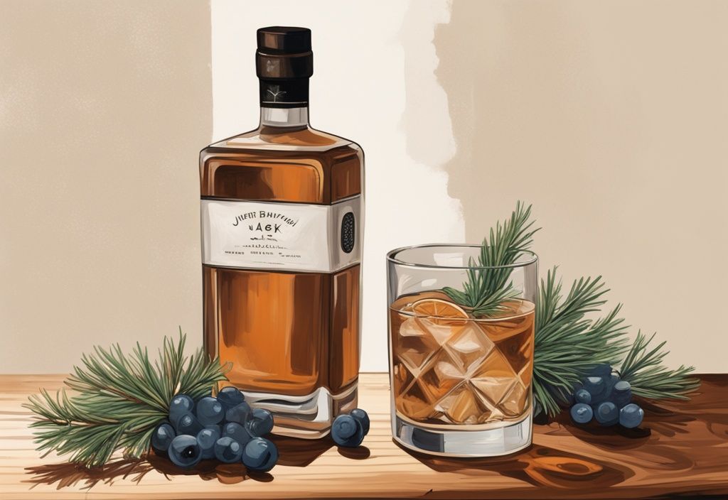 Moderne Malerei mit braunem Farbschema zeigt eine Flasche Juniper Jack Gin auf einem Holztisch, umgeben von frischen Wacholderbeeren und einem halb gefüllten Verkostungsglas, ideal für den Juniper Jack Gin Test.