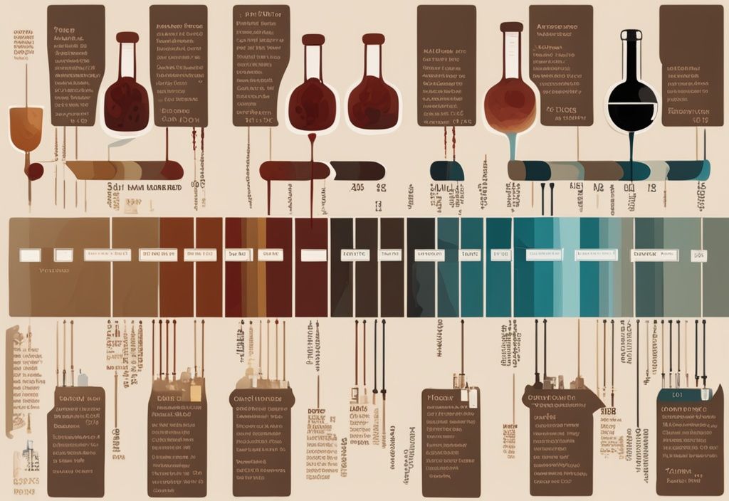 Moderne Malerei-Illustration mit braunem Farbschema, zeigt eine Zeitleiste mit verschiedenen Zeitmarkern für Alkoholtests (Blut, Atem, Urin, Haar), die das Nachweisfenster für Alkohol im Körper veranschaulichen; Keyword: wie lange ist Alkohol im Blut nachweisbar.