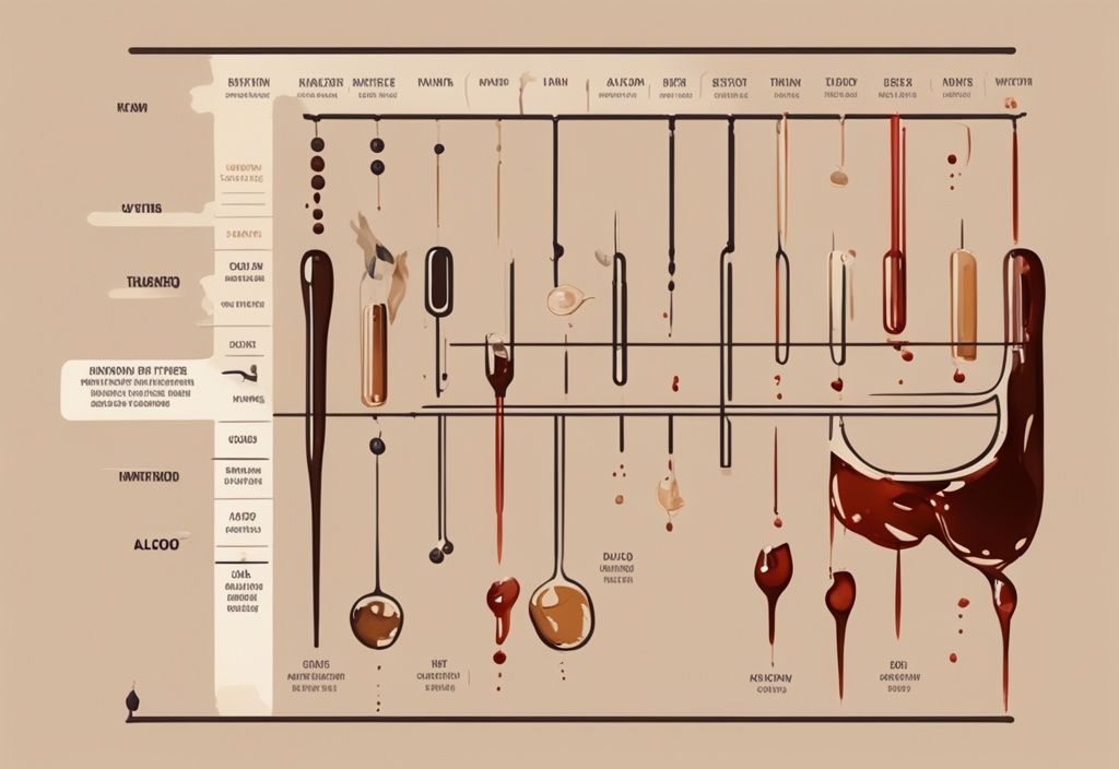 Moderne Illustration eines Zeitstrahls mit braunem Farbschema, der verschiedene Alkoholtests (Blut, Atem, Urin, Haar) und deren Nachweisfenster im menschlichen Körper zeigt, passend zum Keyword: wie lange ist Alkohol im Blut nachweisbar.