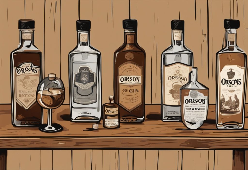 Moderne Malerei-Illustration mit braunem Farbschema, verschiedene Gin-Flaschen der Marke "Orsons" auf einem Holztisch, ein Verkostungsglas mit Gin und eine Bewertungskarte daneben.