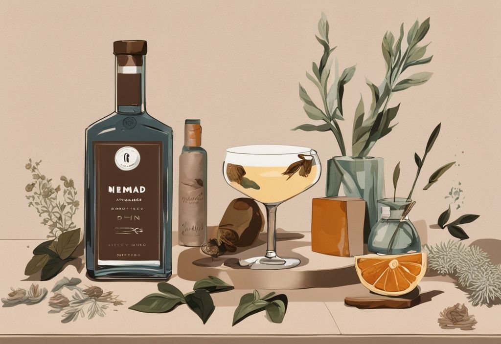 Modernes Gemälde mit braunem Farbschema zeigt eine elegante Flasche Niemand Gin auf einem Tisch, umgeben von Botanicals, mit einem Verkostungsglas daneben; ideal für Niemand Gin Test.