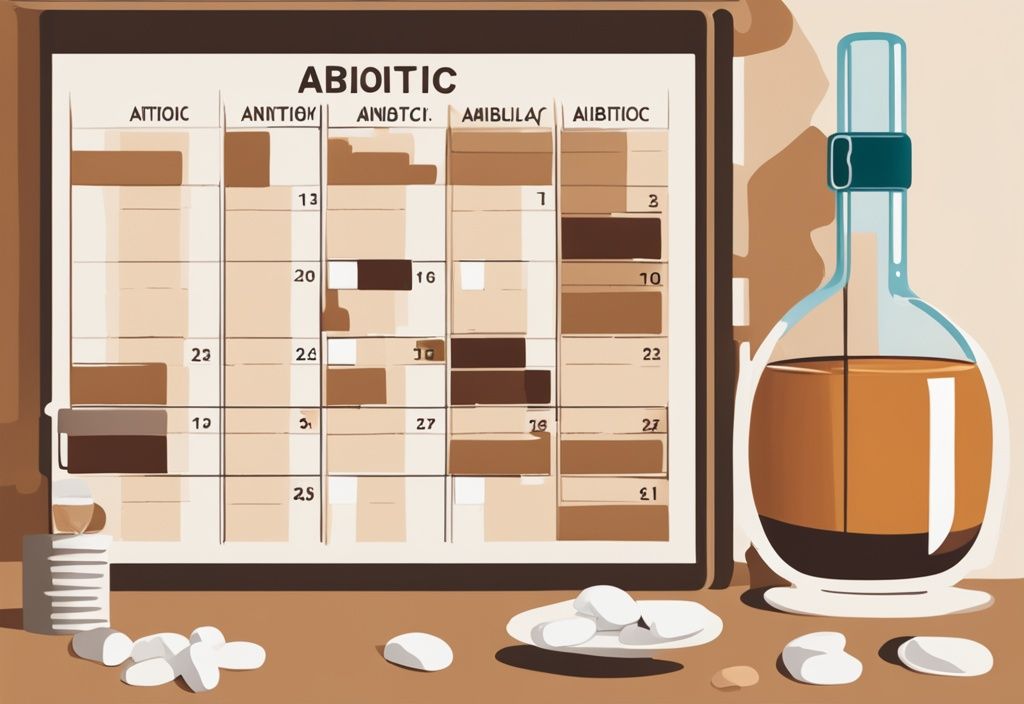 Moderne Malerei-Illustration mit braunem Farbthema, zeigt einen Kalender mit markierten Tagen für Antibiotika-Einnahme, Wartezeit und sicheren Tag für Alkoholkonsum.