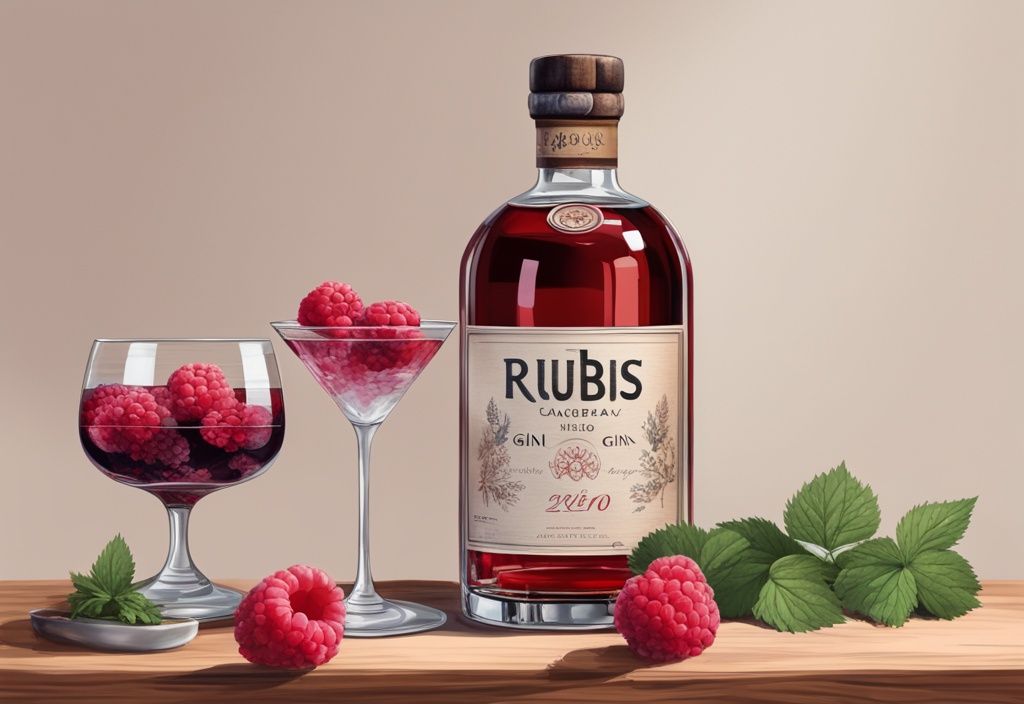 Moderne Malerei mit brauner Farbtönung, kristallklares Gin-Glas gefüllt mit Rubus Gin, garniert mit frischen Himbeeren und Kräutern, auf Holztisch neben Rubus Gin-Flasche und Scorecard.