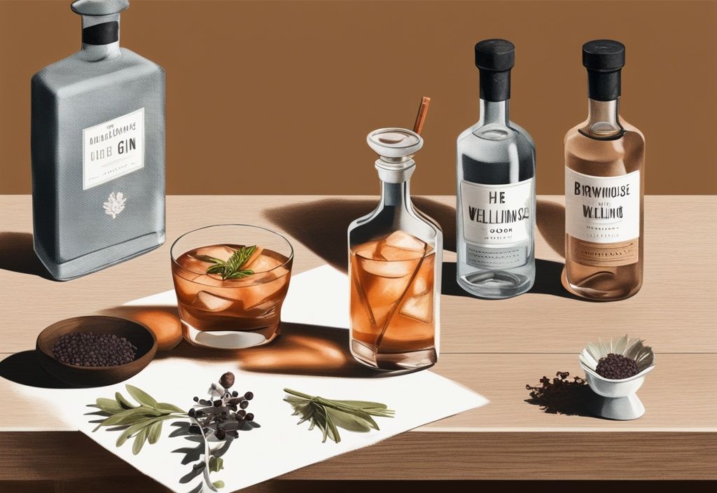 Moderne Malerei mit braunem Farbschema, zentral positionierte Flasche Wellinghouse London Dry Gin, umgeben von Gläsern, Cocktailshaker und frischen Botanicals auf einem eleganten Holztisch.