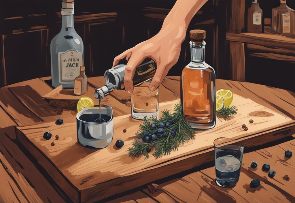 Moderne Malerei mit braunem Farbschema, zeigt eine Flasche Juniper Jack Gin auf rustikalem Holztisch, umgeben von frischen Wacholderbeeren und einem Glas Gin Tonic, während eine Hand Gin ins Glas gießt.