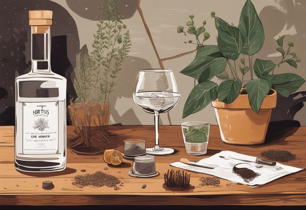 Moderne Malerei mit brauner Farbtönung, Glas Hortus Gin auf rustikalem Holztisch, umgeben von Botanicals, Gin-Tester prüft Aroma und Geschmack.