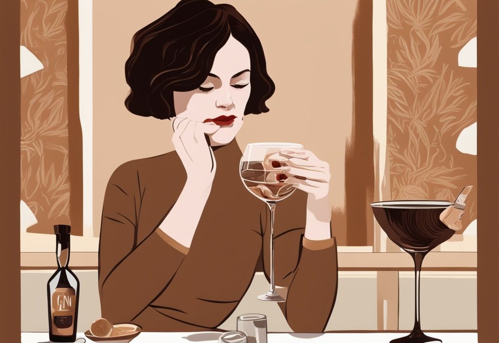 Moderne Malerei-Illustration in Brauntönen: Frau Gretchen in einem eleganten Ambiente beim sorgfältigen Verkosten und Analysieren verschiedener Gin-Sorten, Gretchen Gin Test.