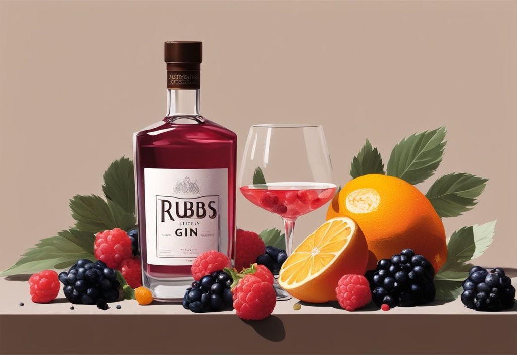 Moderne Malerei mit braunem Farbthema, zeigt eine elegante Flasche Rubus Gin auf einem Tisch, umgeben von frischen Zutaten wie Beeren und Zitrusfrüchten, mit einem Verkostungsglas gefüllt mit Gin; Rubus Gin Test.