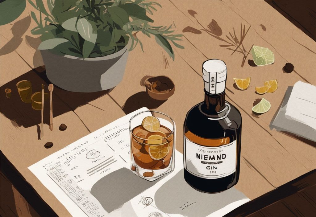 Moderne Malerei mit braunem Farbschema, elegantes Glas Niemand Gin auf rustikalem Holztisch, umgeben von Botanicals und Tasting-Scorecard.