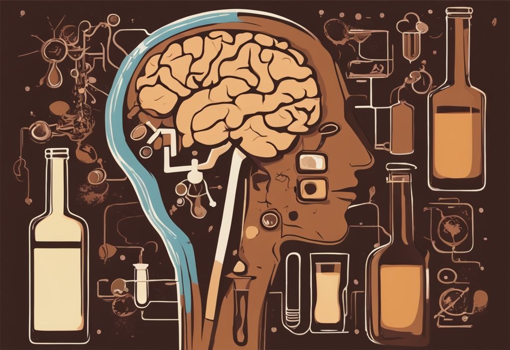 Moderne Malerei mit braunem Farbschema: Menschliches Gehirn mit hervorgehobenen Bereichen und Symbolen emotionaler Zustände, während eine Alkoholflasche Flüssigkeit hineingießt, symbolisiert die Wirkung von Alkohol auf die Psyche.