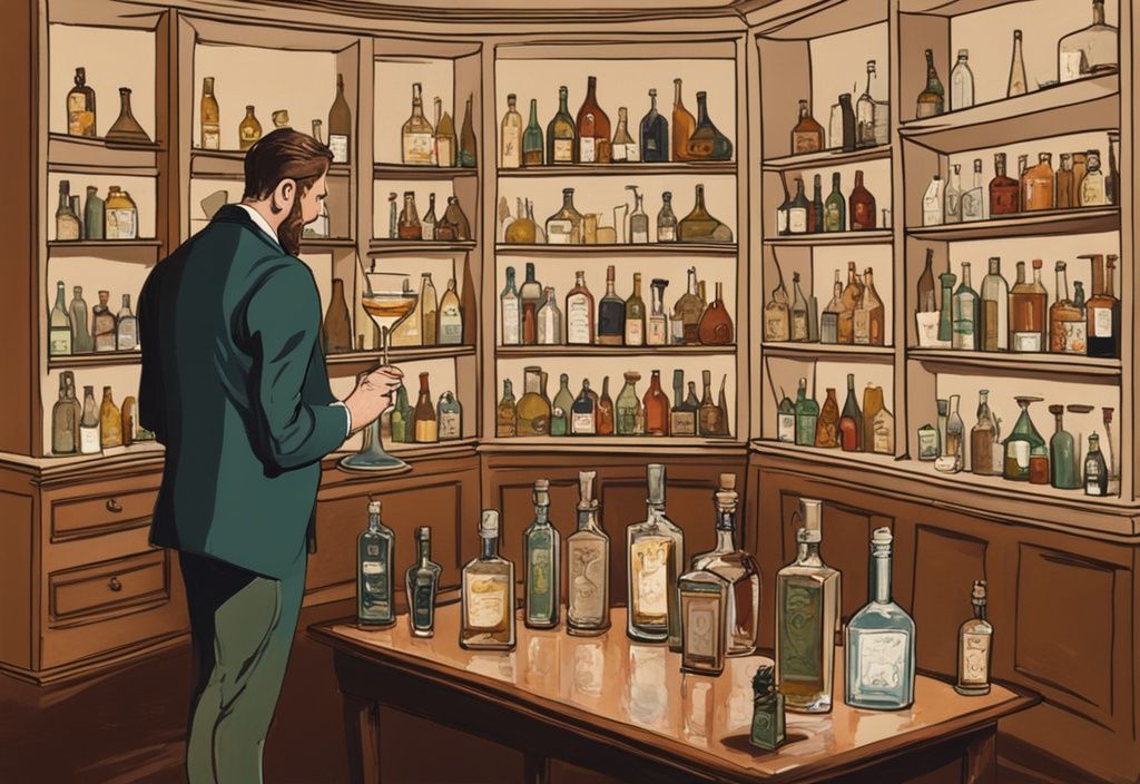 Moderner Gemälde-Illustration mit braunem Farbthema: Herr Finton in elegantem Raum, inspiziert sorgfältig ein Glas Gin, umgeben von einer Sammlung verschiedener Gin-Flaschen auf dem Tisch.