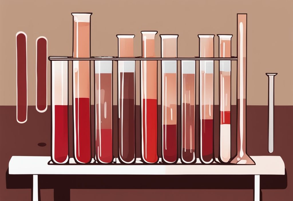 Moderne Malerei-Illustration mit braunem Farbschema, zeigt Reagenzgläser mit unterschiedlichen Zeitangaben und variierenden Rottönen zur Darstellung des abnehmenden Alkoholgehalts im Blut über die Zeit.