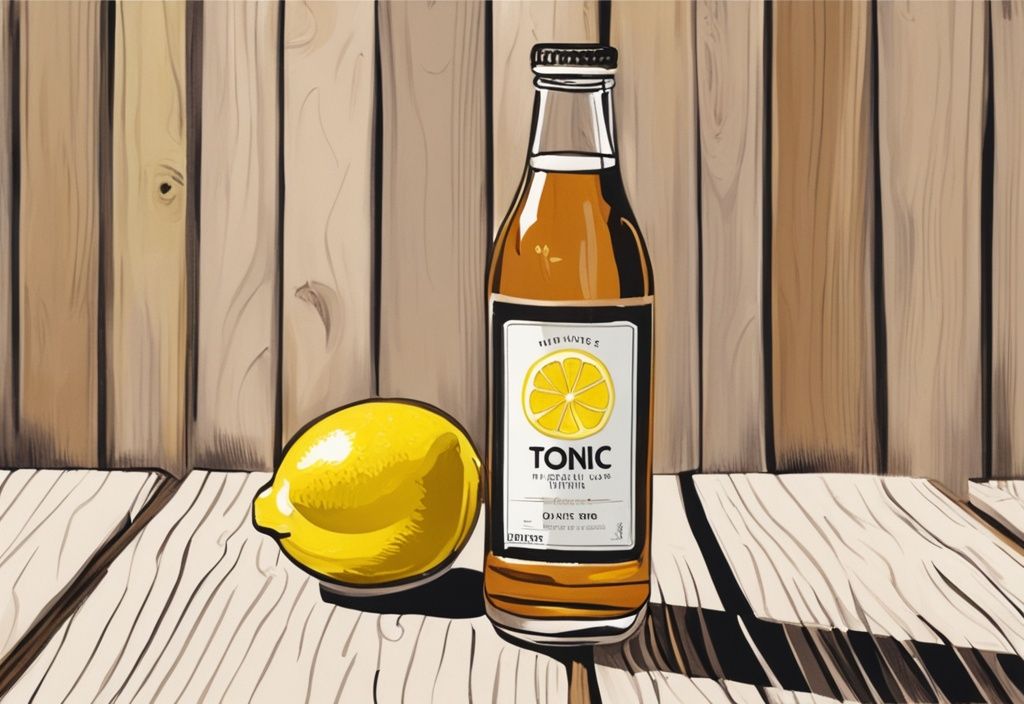 Nahaufnahme eines modernen Gemäldes mit braunem Farbthema, das eine Flasche Tonic Water von Lidl im Test zeigt, zusammen mit einem Glas gefüllt mit Tonic Water und einer Zitronenscheibe auf einem Holztisch.