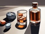 Moderne Illustration mit braunem Farbschema: Eine Ibuprofen-Flasche neben einem Whiskeyglas auf einer reflektierenden Oberfläche, thematisiert Ibuprofen und Alkohol.