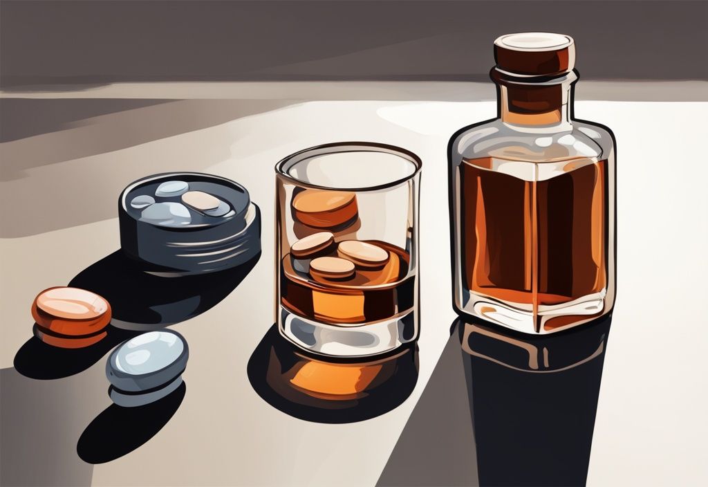 Moderne Illustration mit braunem Farbschema: Eine Ibuprofen-Flasche neben einem Whiskeyglas auf einer reflektierenden Oberfläche, thematisiert Ibuprofen und Alkohol.