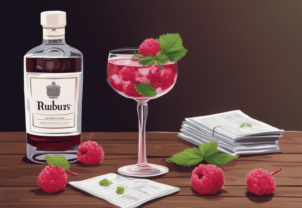 Moderne Malerei mit braunem Farbschema, Gin-Glas mit Rubus Gin, frischen Himbeeren und Kräutern auf Holztisch, Rubus Gin Flasche und Punktetafel.