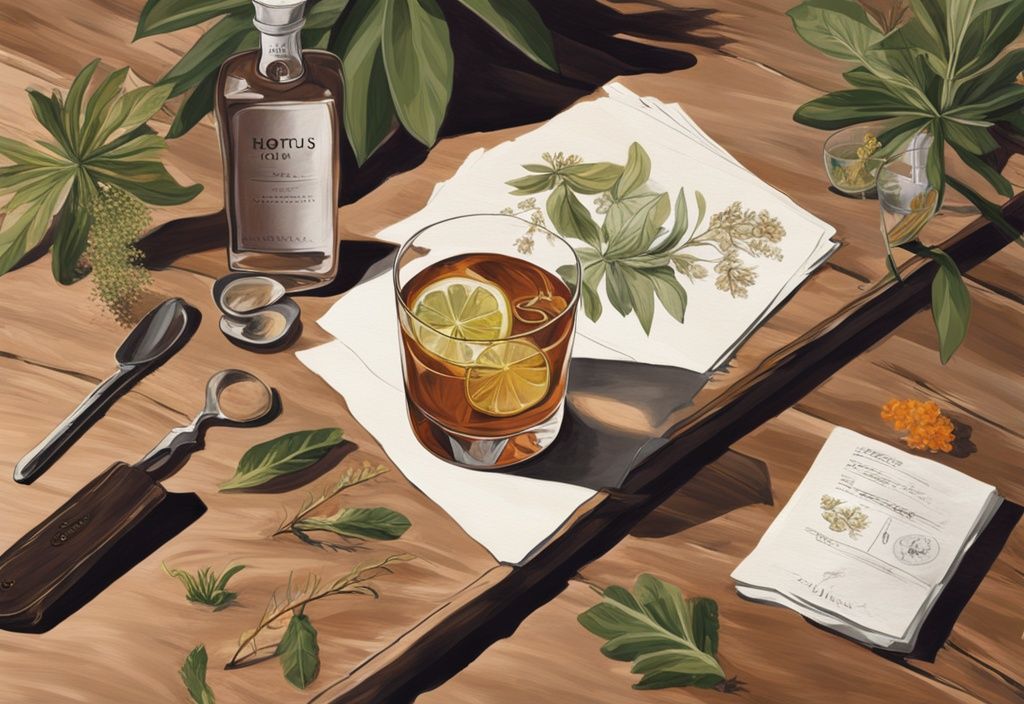 Moderne Malerei mit braunem Farbschema, ein klares Glas Hortus Gin auf rustikalem Holztisch, umgeben von Botanicals, mit einem Gin-Tester, der Aroma und Geschmack prüft.