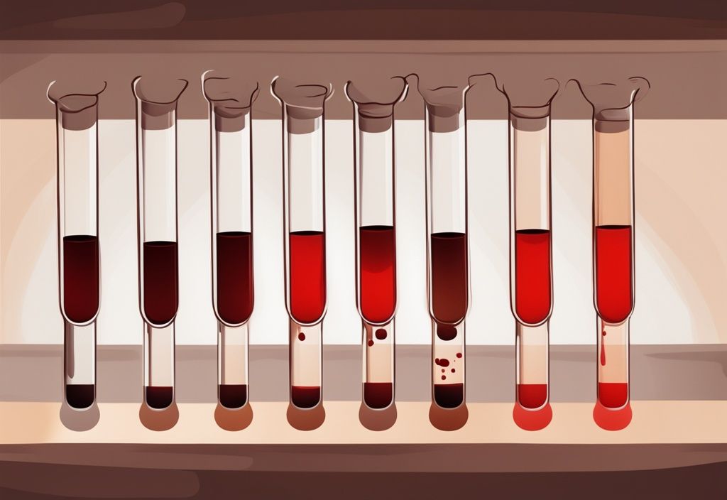 Moderne Malerei mit brauner Farbpalette, zeigt Reagenzgläser mit verschiedenen Zeitangaben und roten Schattierungen, die den abnehmenden Alkoholgehalt im Blut über die Zeit darstellen.