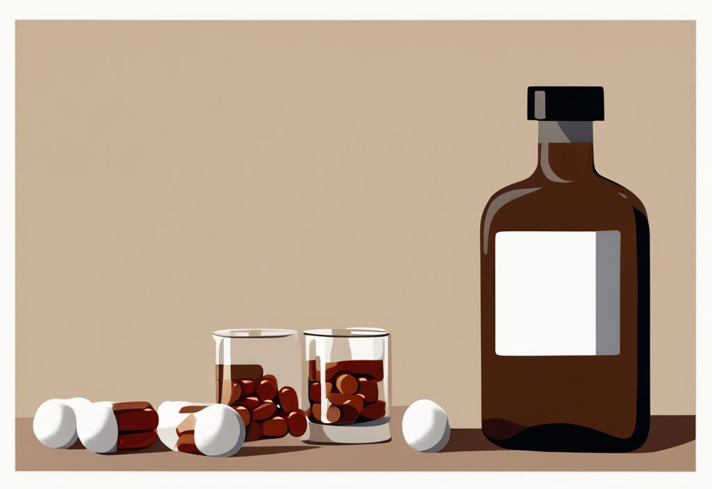 Moderne Malerei-Illustration mit braunem Farbthema, zeigt eine Ibuprofen-Flasche neben einem Glas Alkohol auf einer reflektierenden Oberfläche.